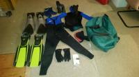 Semi dry suit, fins (x2 pair), boots, gloves, hood